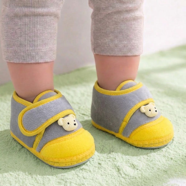 Baby Unisex Velboa Bear Face Grey,Yellow Velcro Shoe Booties-BT5598