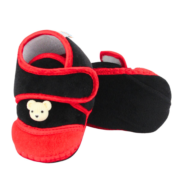Baby Unisex Velboa Bear Face Black,Red Velcro Shoe Booties-BT5599