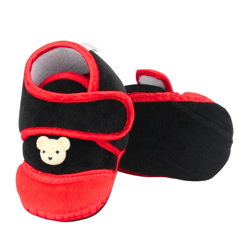 Baby Unisex Velboa Bear Face Black,Red Velcro Shoe Booties-BT5599