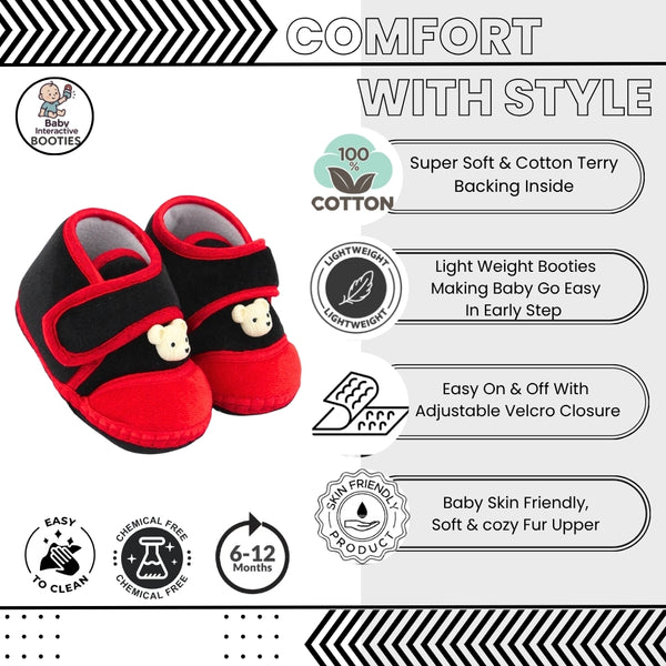 Baby Unisex Velboa Bear Face Black,Red Velcro Shoe Booties-BT5599