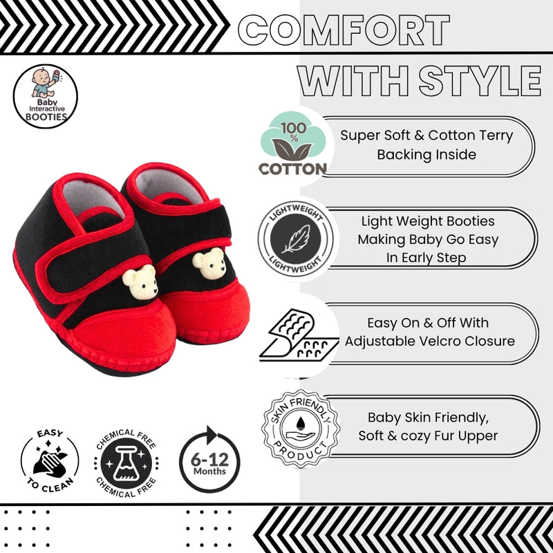 Baby Unisex Velboa Bear Face Black,Red Velcro Shoe Booties-BT5599