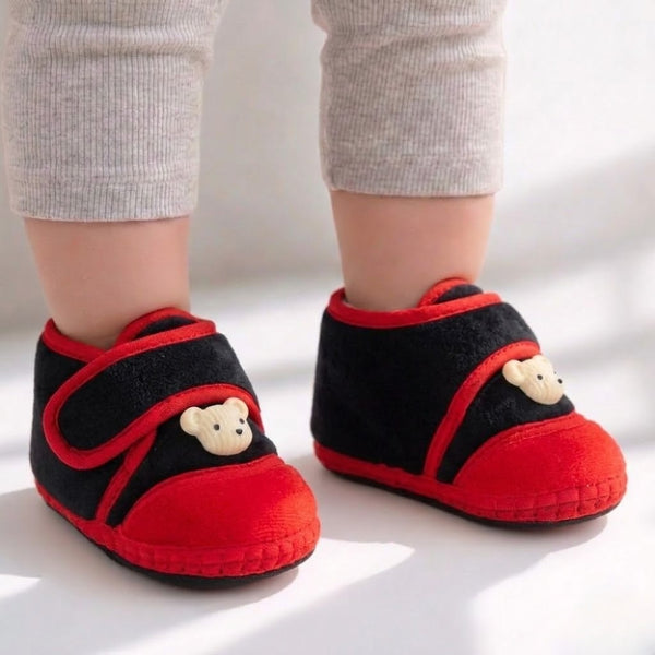 Baby Unisex Velboa Bear Face Black,Red Velcro Shoe Booties-BT5599