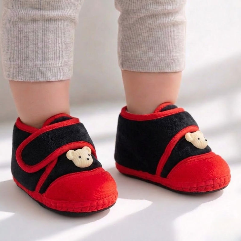 Baby Unisex Velboa Bear Face Black,Red Velcro Shoe Booties-BT5599
