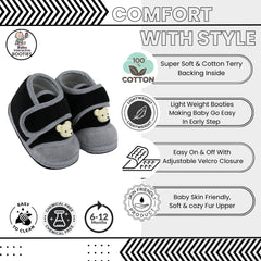 Baby Unisex Bear Face Soft Velboa Black,Grey Velcro Shoe-BT5600