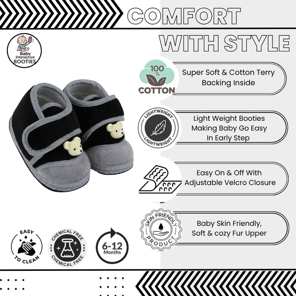 Baby Unisex Bear Face Soft Velboa Black,Grey Velcro Shoe-BT5600