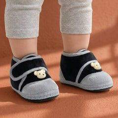 Baby Unisex Bear Face Soft Velboa Black,Grey Velcro Shoe-BT5600