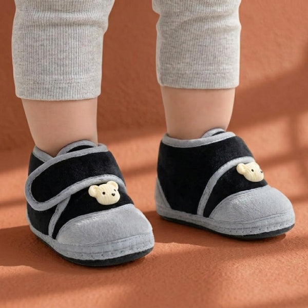 Baby Unisex Bear Face Soft Velboa Black,Grey Velcro Shoe-BT5600