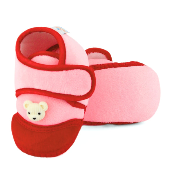 Baby Unisex Velboa Bear Face Pink,Red Velcro Shoe Booties-BT5601