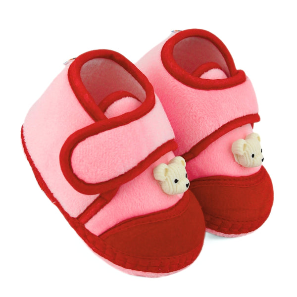 Baby Unisex Velboa Bear Face Pink,Red Velcro Shoe Booties-BT5601