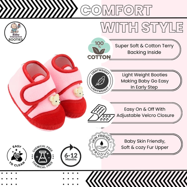 Baby Unisex Velboa Bear Face Pink,Red Velcro Shoe Booties-BT5601