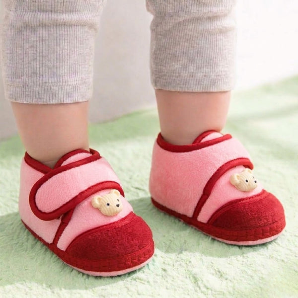 Baby Unisex Velboa Bear Face Pink,Red Velcro Shoe Booties-BT5601