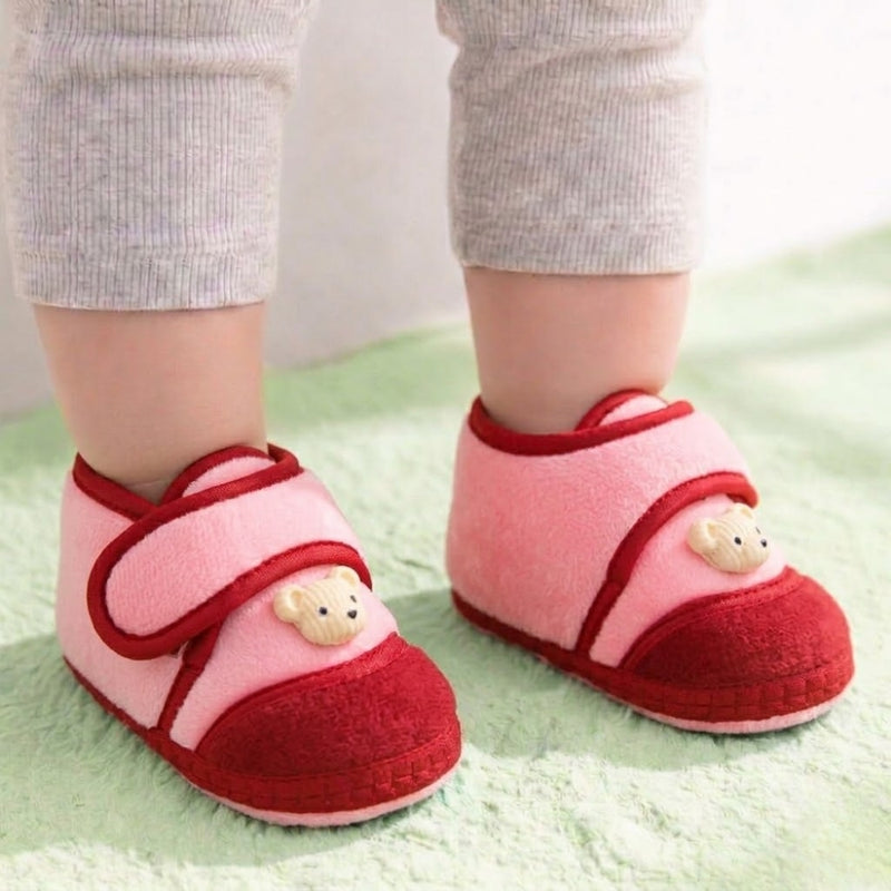 Baby Unisex Velboa Bear Face Pink,Red Velcro Shoe Booties-BT5601