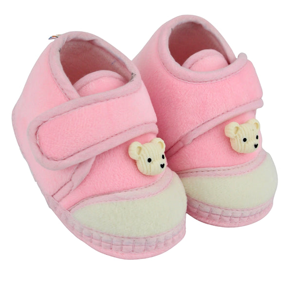 Baby Unisex Bear Face Soft Velboa Pink,White Velcro Shoe-BT5602
