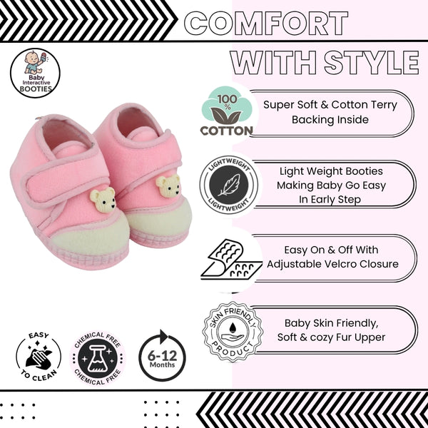 Baby Unisex Bear Face Soft Velboa Pink,White Velcro Shoe-BT5602