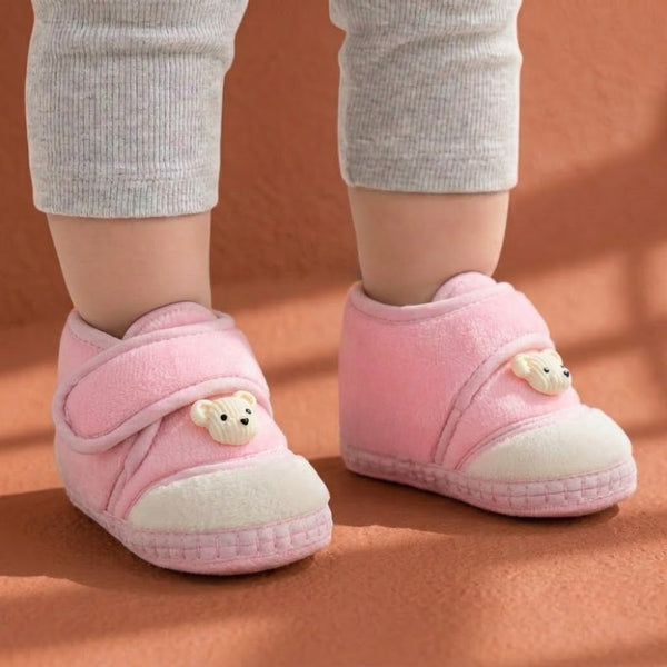 Baby Unisex Bear Face Soft Velboa Pink,White Velcro Shoe-BT5602