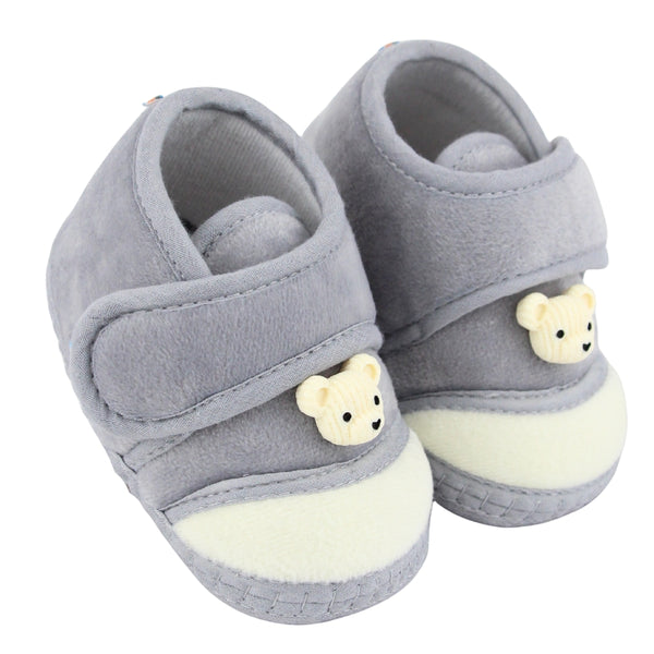 Baby Unisex Bear Face Soft Velboa Grey,White Velcro Shoe-BT5603