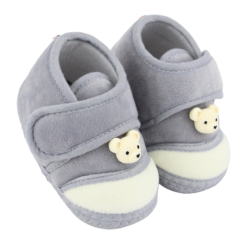Baby Unisex Bear Face Soft Velboa Grey,White Velcro Shoe-BT5603