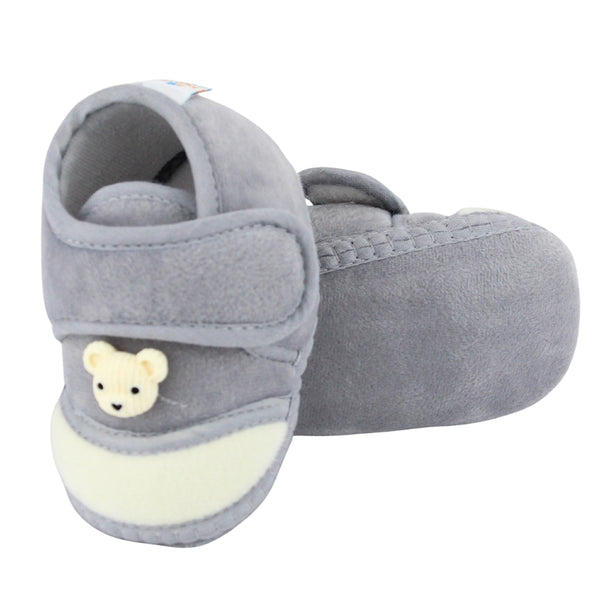 Baby Unisex Bear Face Soft Velboa Grey,White Velcro Shoe-BT5603