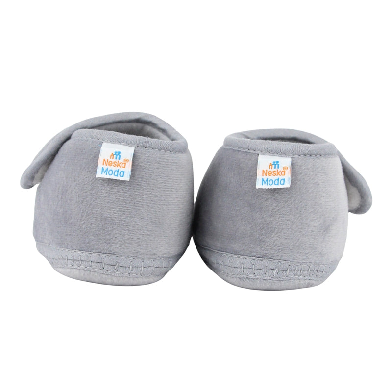 Baby Unisex Bear Face Soft Velboa Grey,White Velcro Shoe-BT5603