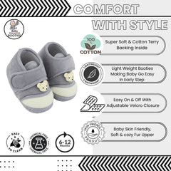 Baby Unisex Bear Face Soft Velboa Grey,White Velcro Shoe-BT5603