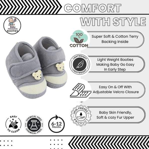 Baby Unisex Bear Face Soft Velboa Grey,White Velcro Shoe-BT5603