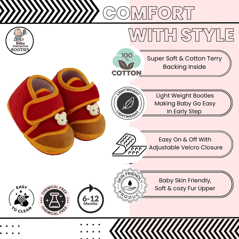 Baby Unisex Bear Face Soft Velboa Red,Brown Velcro Shoe-BT5604