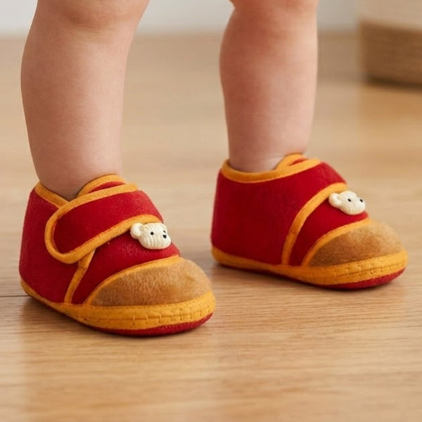 Baby Unisex Bear Face Soft Velboa Red,Brown Velcro Shoe-BT5604