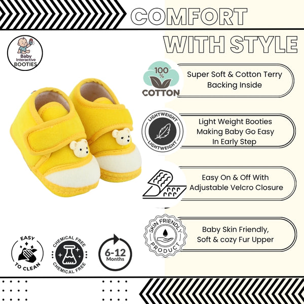 Baby Unisex Velboa Bear Face Yellow,White Velcro Shoe Booties-BT5605