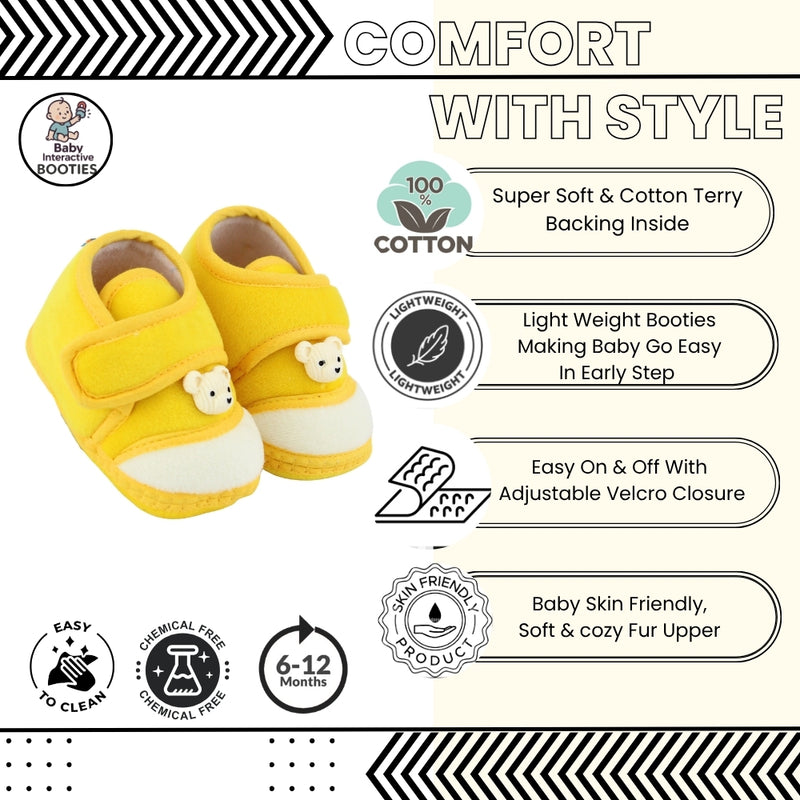 Baby Unisex Velboa Bear Face Yellow,White Velcro Shoe Booties-BT5605