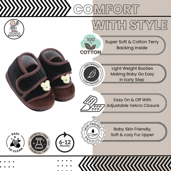 Baby Unisex Bear Face Soft Velboa Black,Brown Velcro Shoe-BT5606