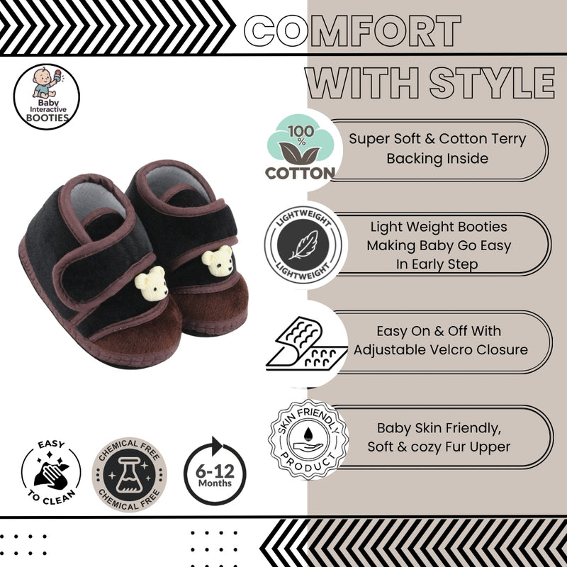 Baby Unisex Bear Face Soft Velboa Black,Brown Velcro Shoe-BT5606