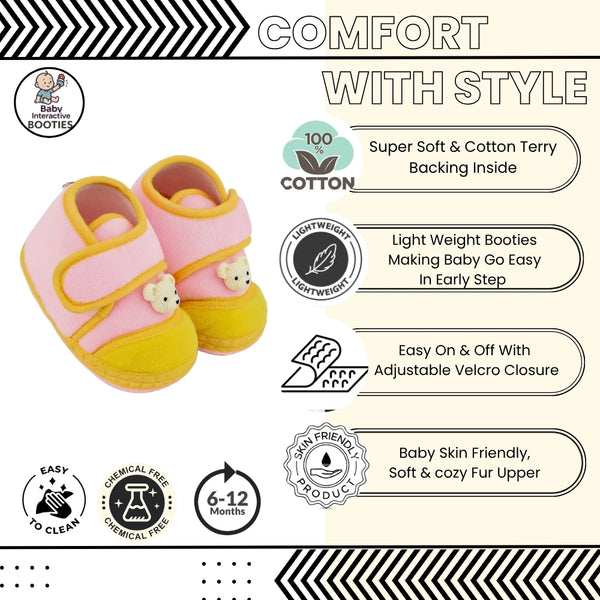 Baby Unisex Bear Face Soft Velboa Pink,Yellow Velcro Shoe-BT5607