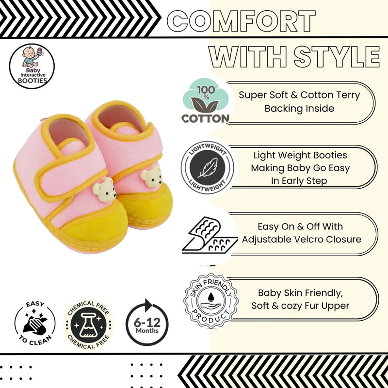 Baby Unisex Bear Face Soft Velboa Pink,Yellow Velcro Shoe-BT5607