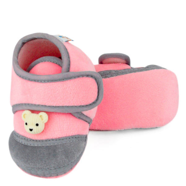 Baby Unisex Velboa Bear Face Pink,Grey Velcro Shoe Booties-BT5608