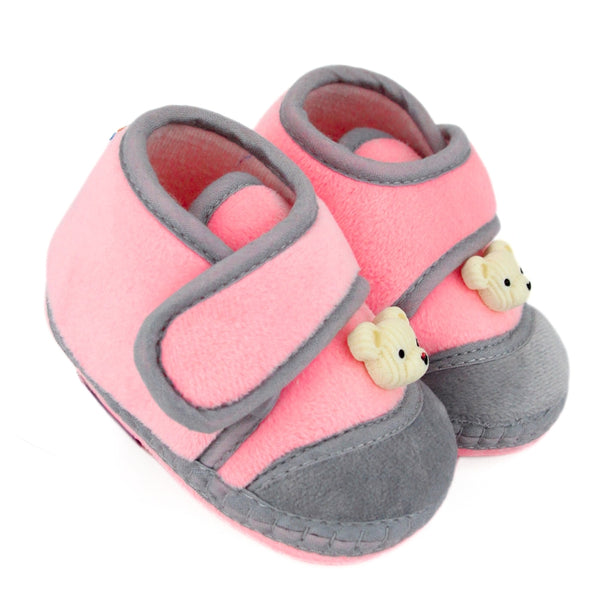 Baby Unisex Velboa Bear Face Pink,Grey Velcro Shoe Booties-BT5608