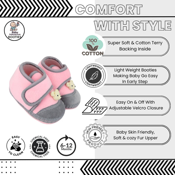 Baby Unisex Velboa Bear Face Pink,Grey Velcro Shoe Booties-BT5608