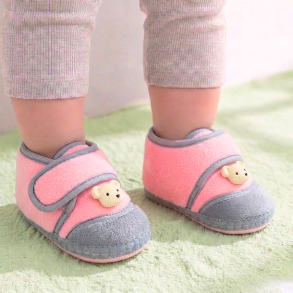 Baby Unisex Velboa Bear Face Pink,Grey Velcro Shoe Booties-BT5608