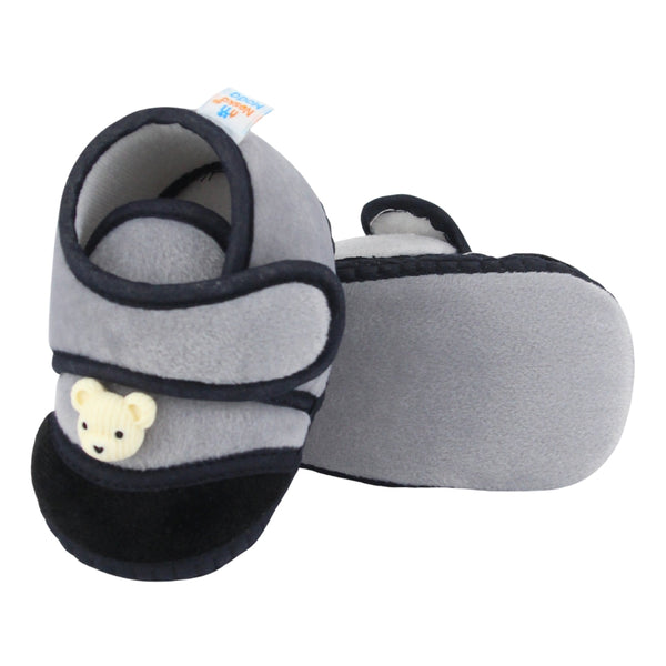 Baby Unisex Velboa Bear Face Grey,Black Velcro Shoe Booties-BT5609