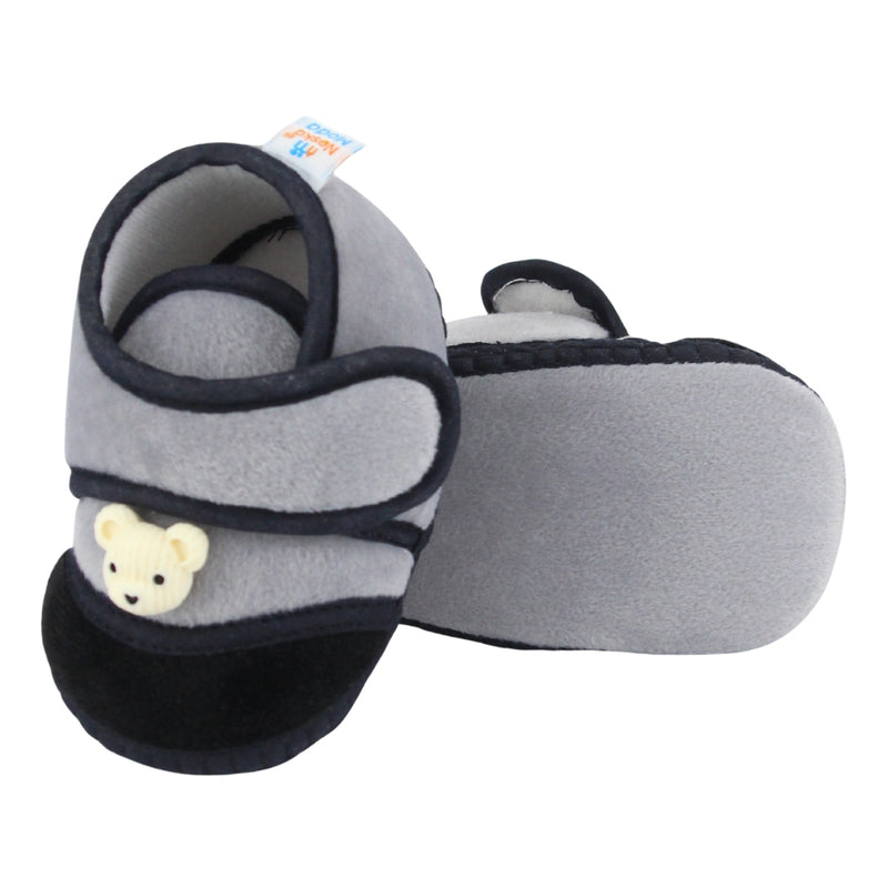 Baby Unisex Velboa Bear Face Grey,Black Velcro Shoe Booties-BT5609