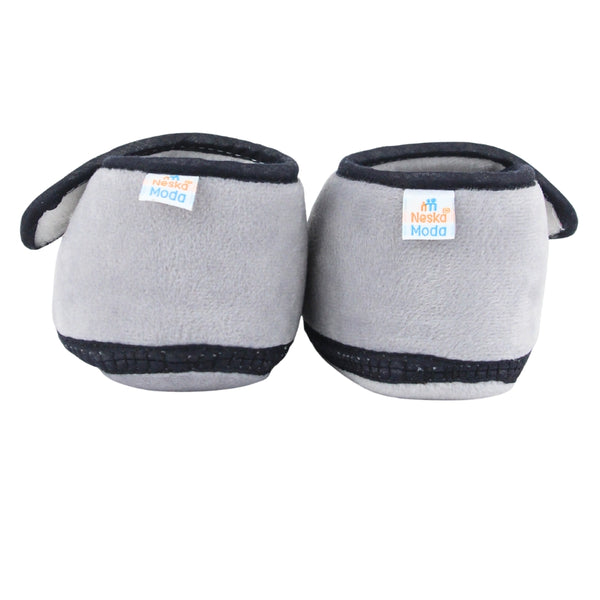 Baby Unisex Velboa Bear Face Grey,Black Velcro Shoe Booties-BT5609