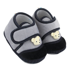 Baby Unisex Velboa Bear Face Grey,Black Velcro Shoe Booties-BT5609
