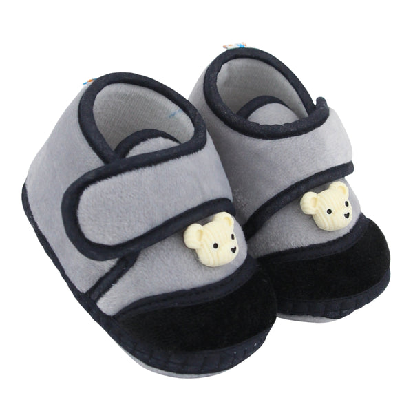 Baby Unisex Velboa Bear Face Grey,Black Velcro Shoe Booties-BT5609