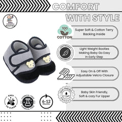 Baby Unisex Velboa Bear Face Grey,Black Velcro Shoe Booties-BT5609