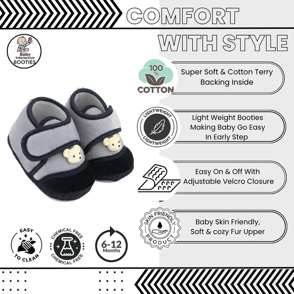 Baby Unisex Velboa Bear Face Grey,Black Velcro Shoe Booties-BT5609