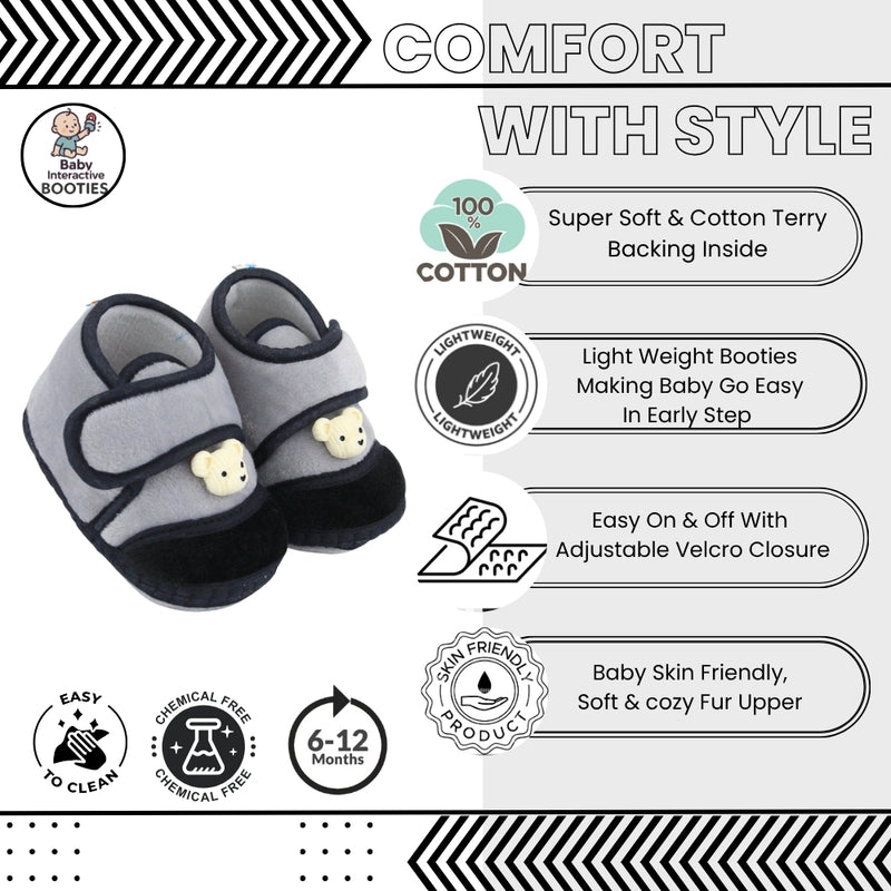 Baby Unisex Velboa Bear Face Grey,Black Velcro Shoe Booties-BT5609