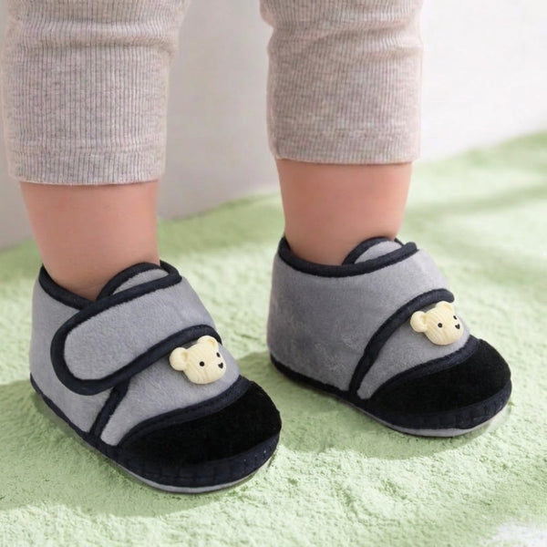 Baby Unisex Velboa Bear Face Grey,Black Velcro Shoe Booties-BT5609