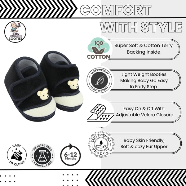 Baby Unisex Bear Face Soft Velboa Black,White Velcro Shoe-BT5610