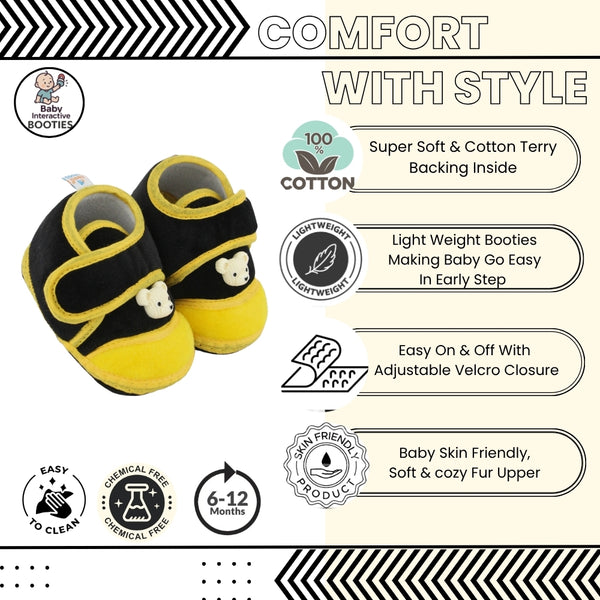 Baby Unisex Bear Face Soft Velboa Black,Yellow Velcro Shoe-BT5611