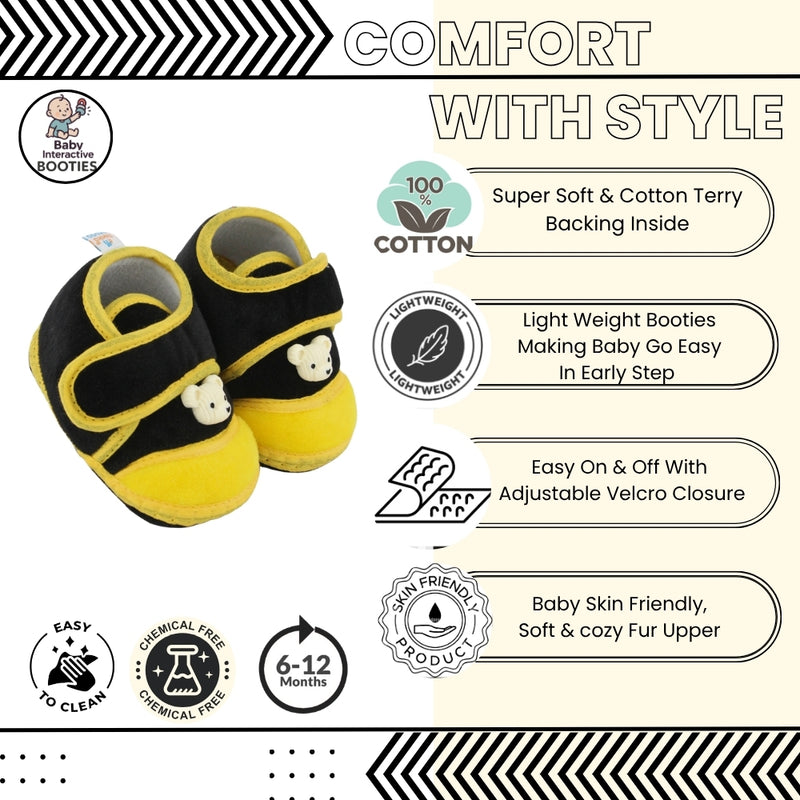 Baby Unisex Bear Face Soft Velboa Black,Yellow Velcro Shoe-BT5611