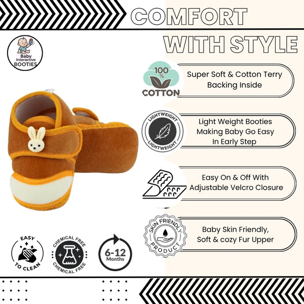 Baby Unisex Velboa Rabbit Face Brown,White Velcro Shoe Booties-BT5613